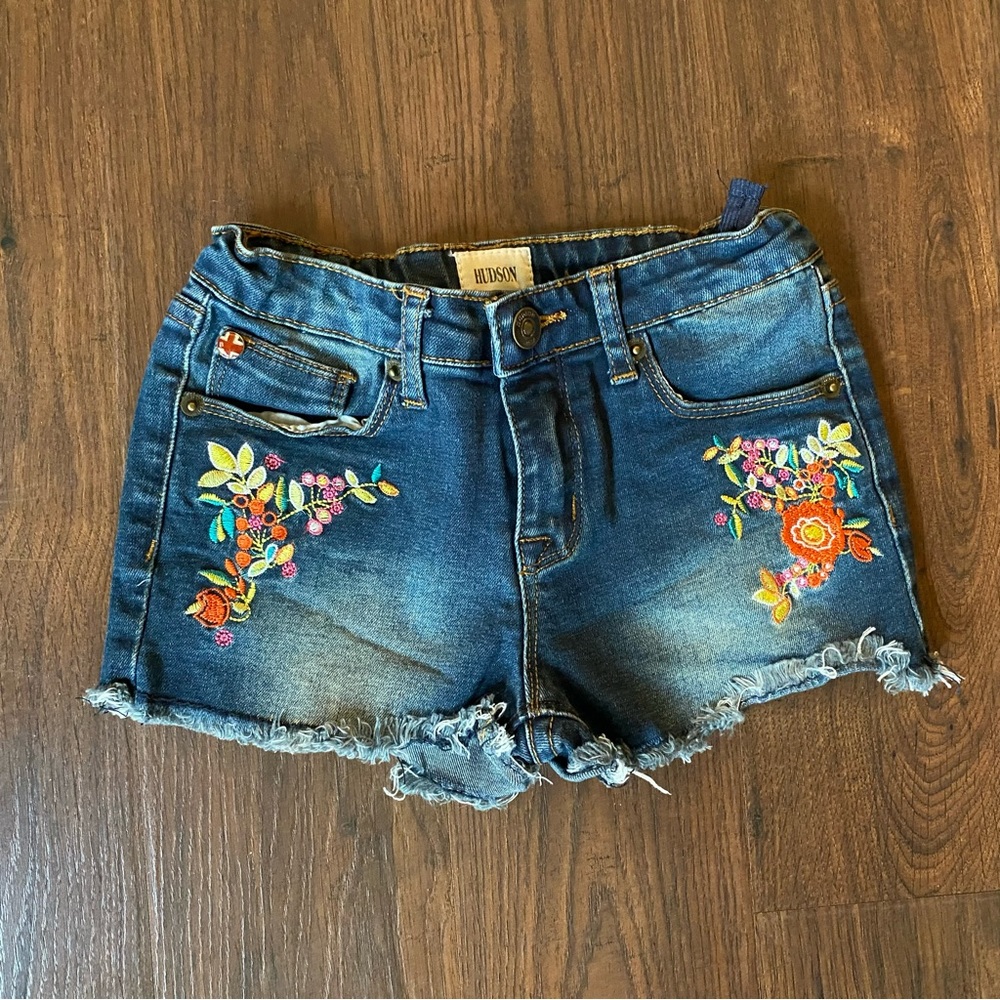 Hudson Girls denim shorts, with floral accents & adjustable waist. Worn once.